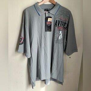 Avirex Men’s Light Gray Polo with Blue Trim and Chest Graphic